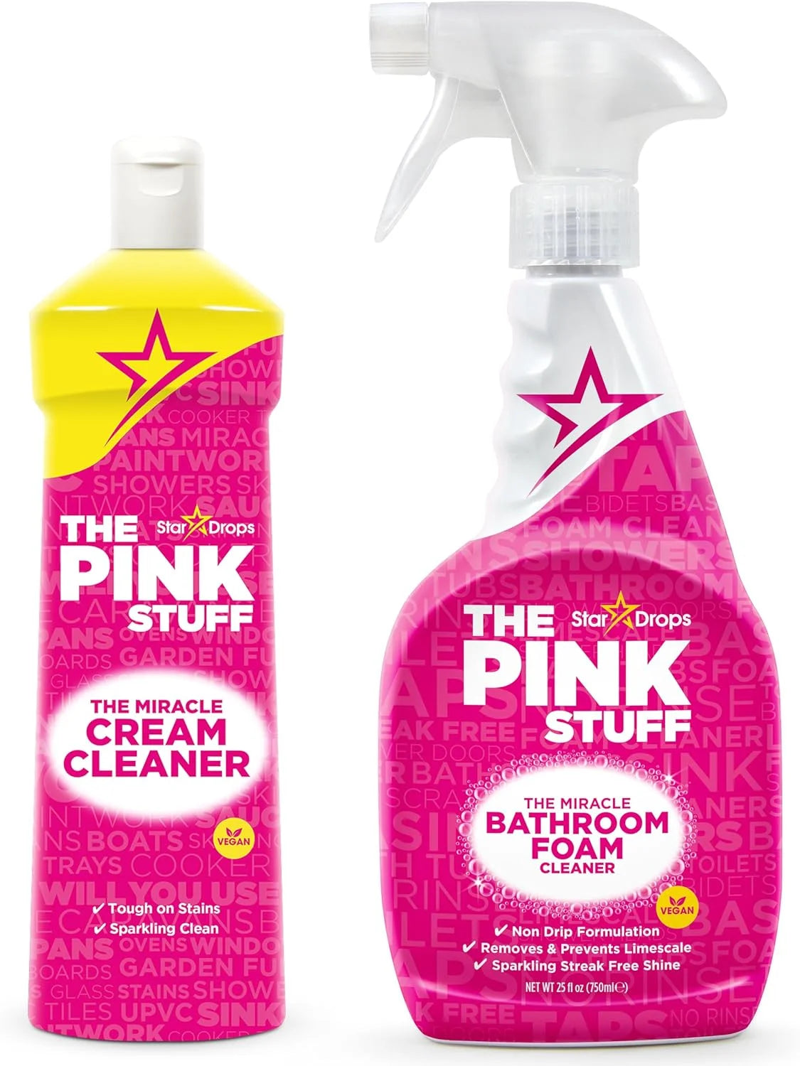 Stardrops - The Pink Stuff -Bathroom Foam Cleaner and Cream Cleaner Bundle (1 Bathroom Foam Spray, 1 Cream Cleaner)